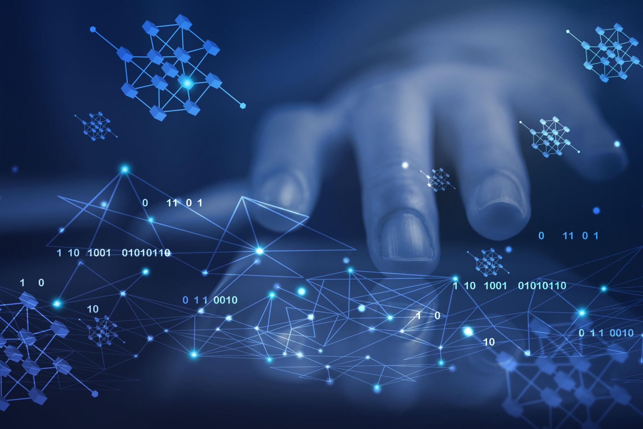Hand interacting with a glowing digital asset interface