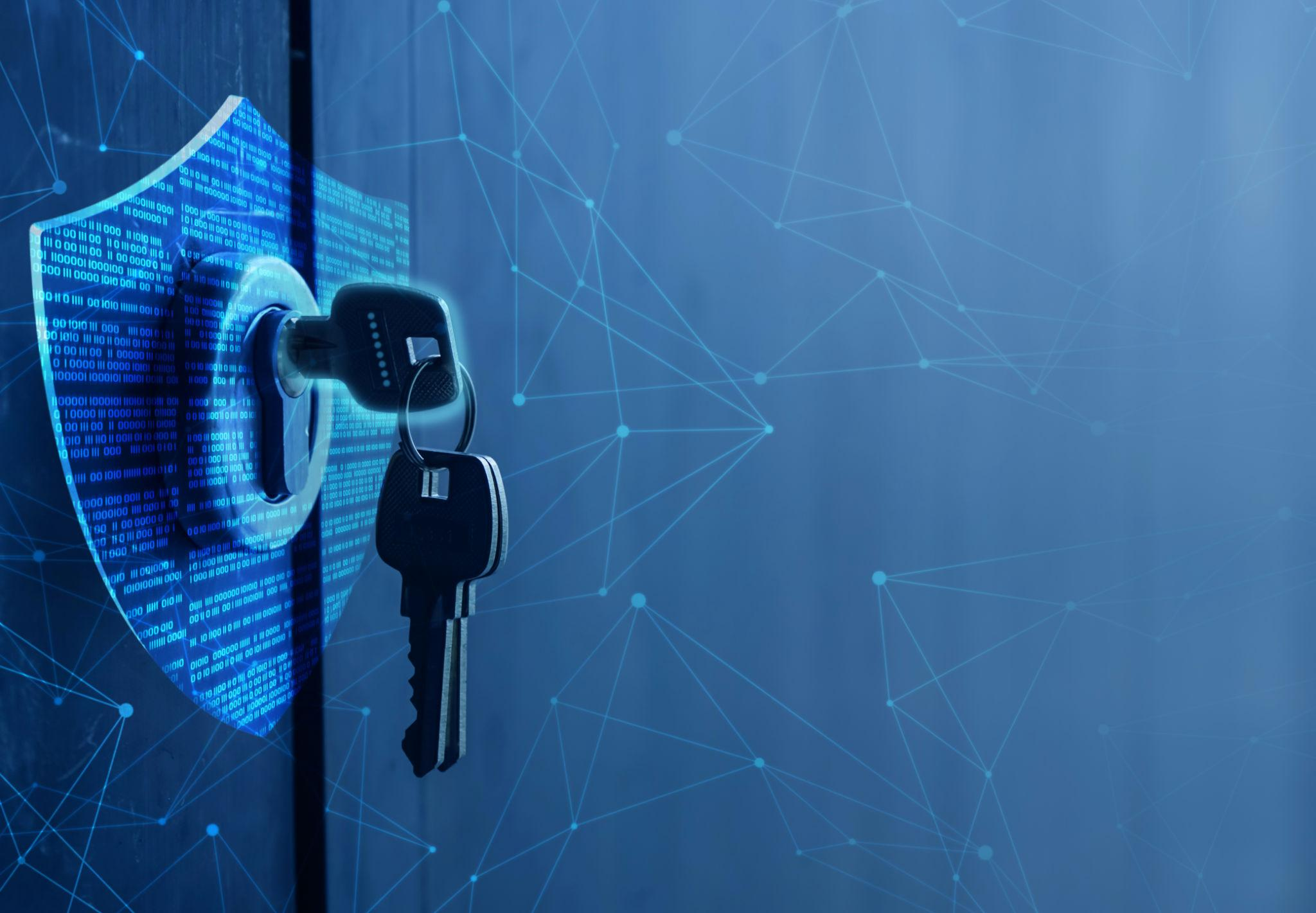 Digital padlock and keys representing permissioned access control