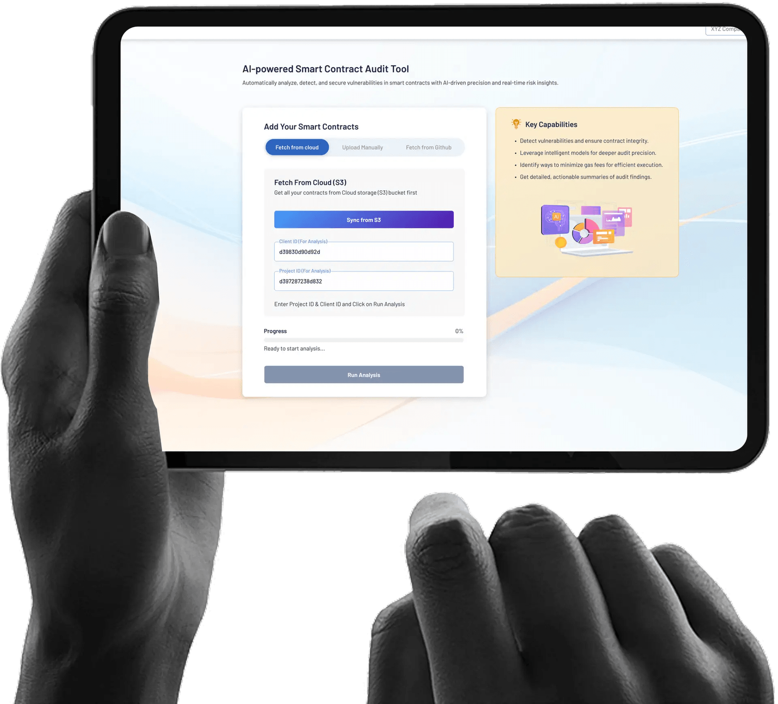 Hands holding a tablet running an enterprise blockchain audit dashboard