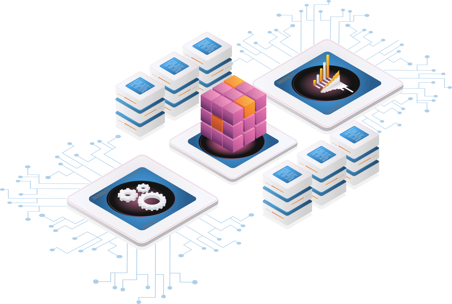 Isometric blockchain infrastructure linking servers, ledgers and secured data stores
