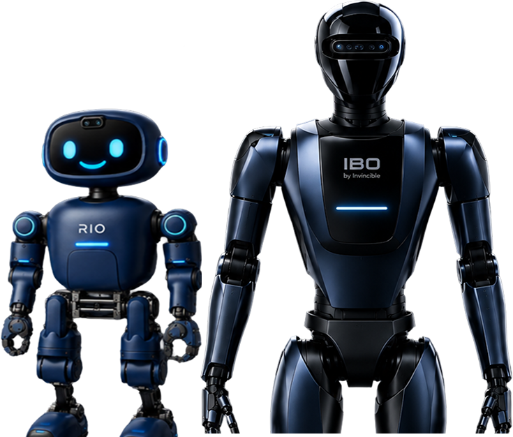 RIO and IBO humanoid robots standing side by side