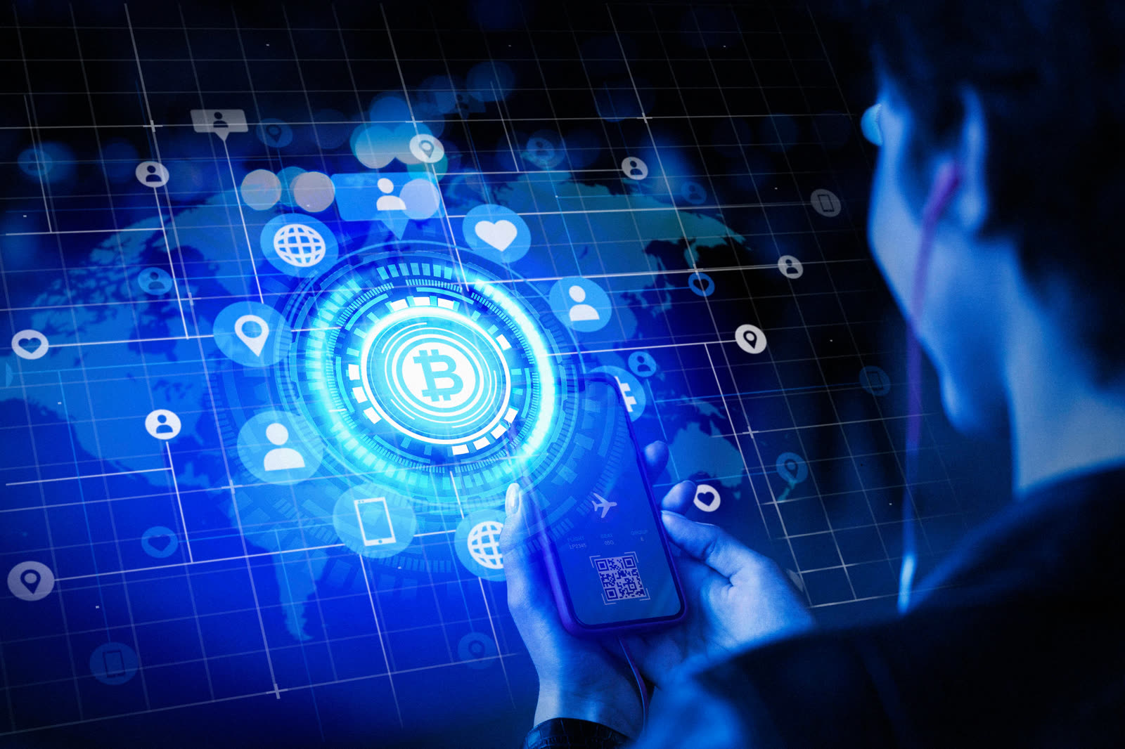 Tokenised digital assets connected across a city skyline via a mobile device