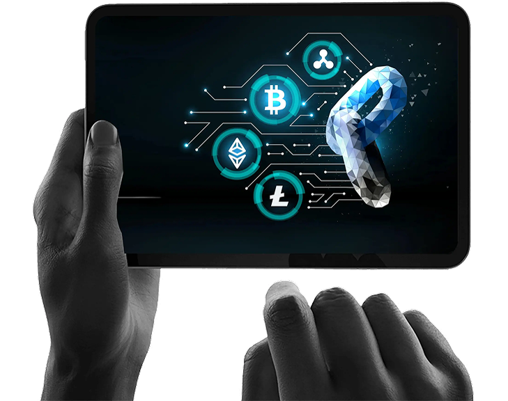 Hands holding a tablet showing Bitcoin, Ethereum, Ripple and Litecoin linked on a circuit board