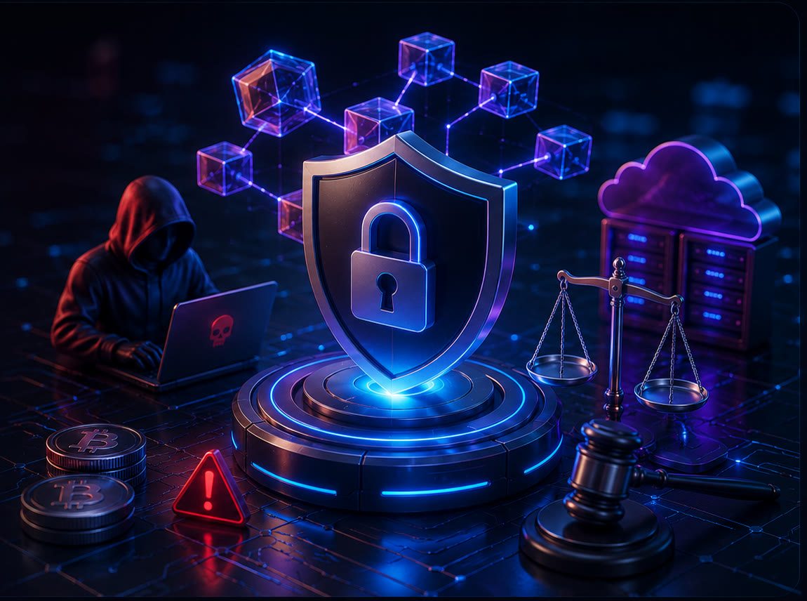 Secured blockchain network guarded by a shield, flanked by a threat actor, legal scales and cloud infrastructure